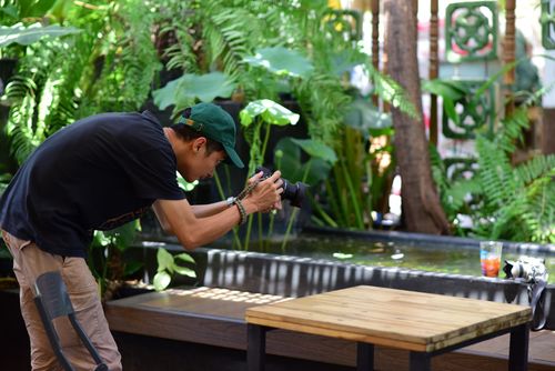 Free Side view of a photographer taking pictures of a natural scene in a garden setting. Stock Photo