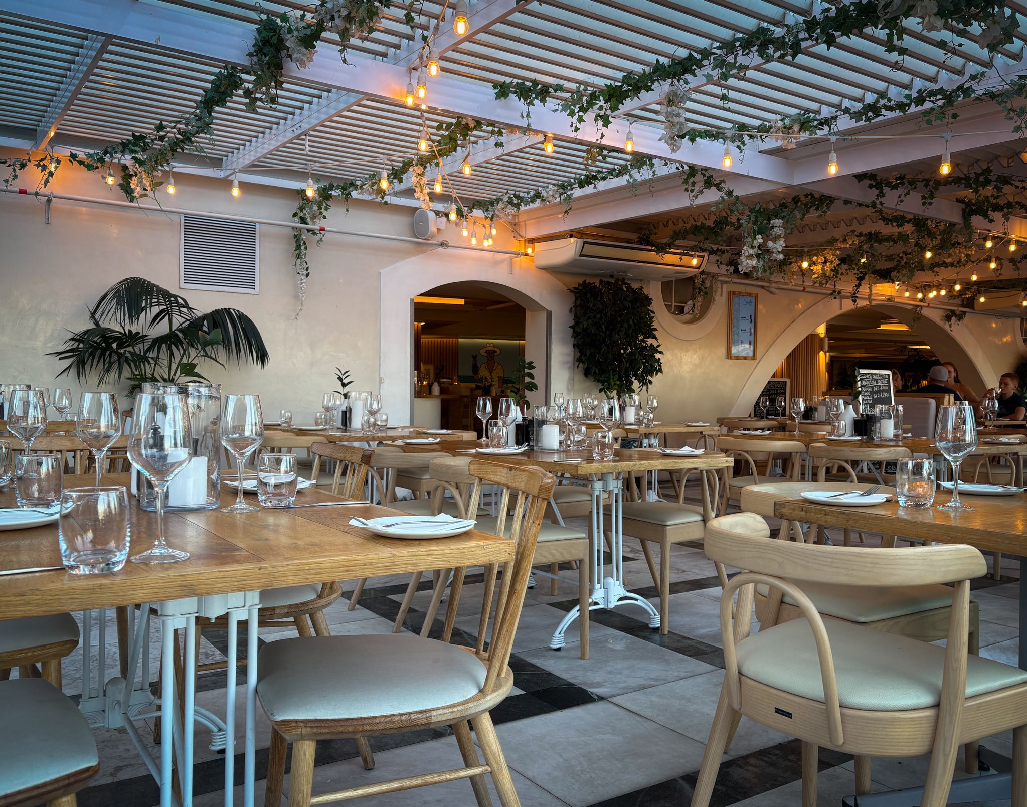 Restaurant dining room with set tables