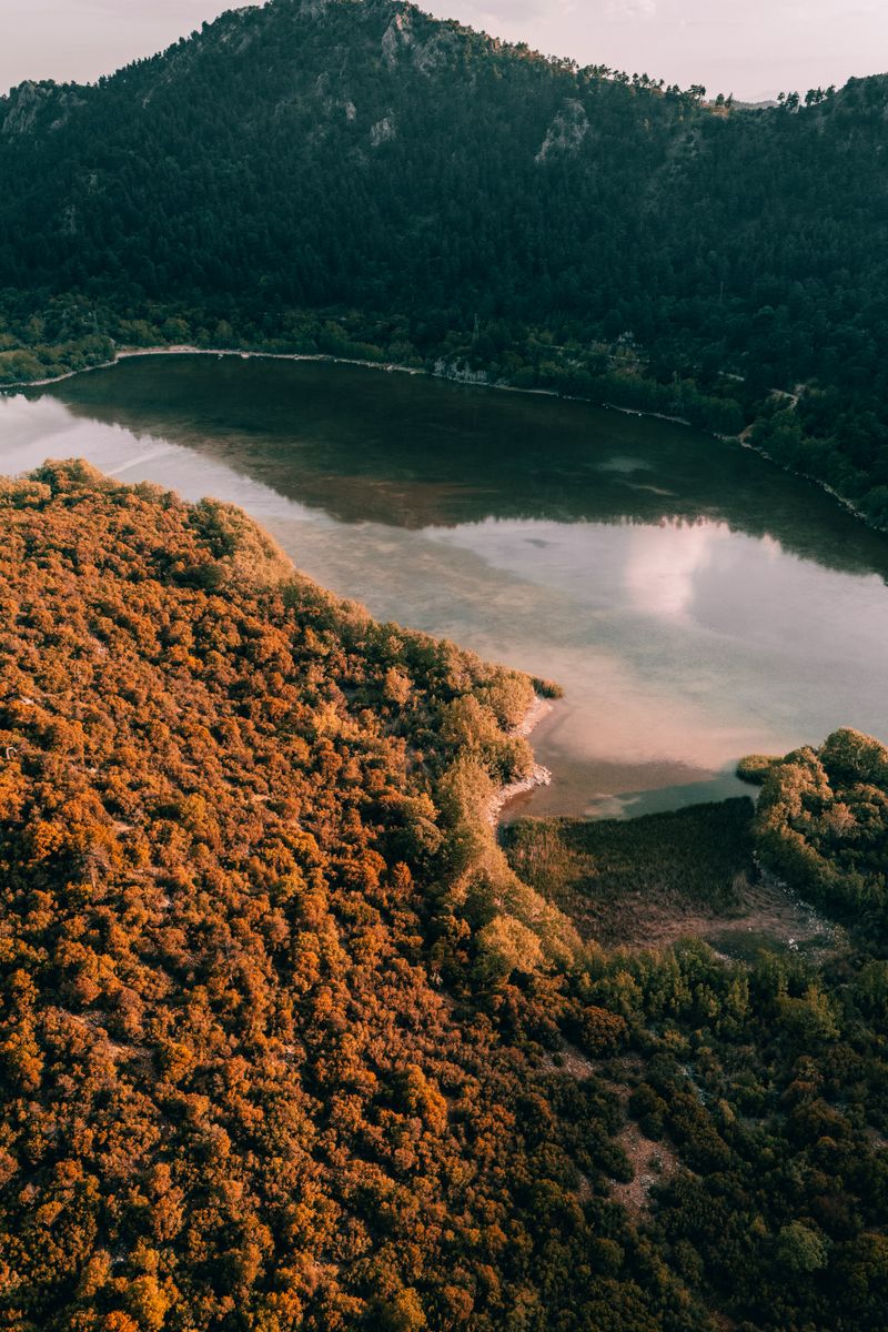Serene aerial view showcasing autumn colors around a tranquil lake in Isparta, Türkiye.