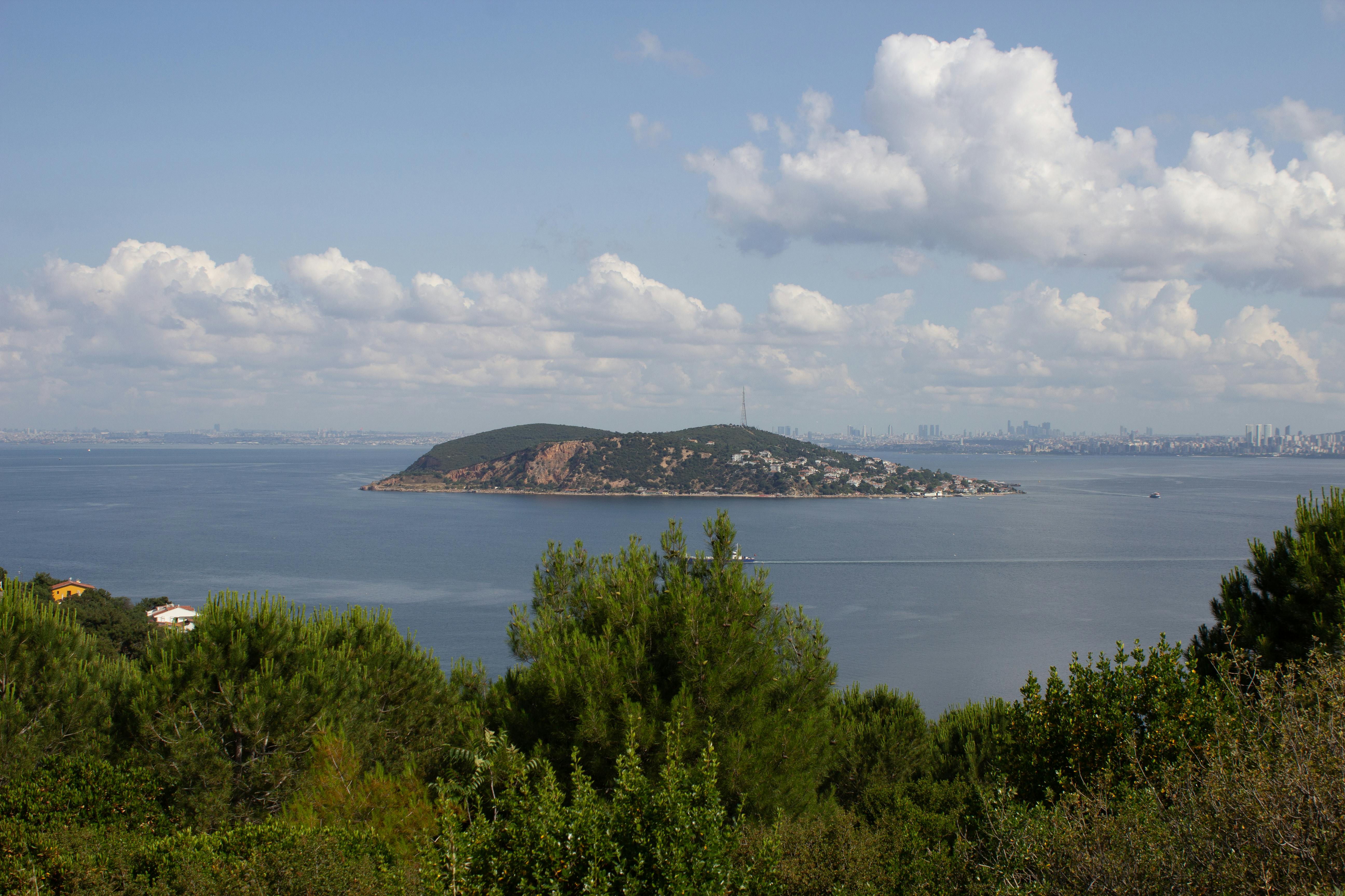 Princes Islands ferry approach with Victorian mansions, pine forests, turquoise Sea of Marmara, Istanbul escape