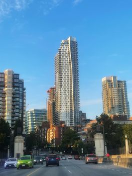 Captivating view of Vancouver skyscrapers with modern architecture and a clear blue sky.