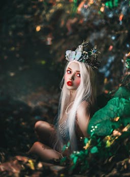 一位金发仙女头戴花卉王冠，坐在迷人的森林里，散发着幻想与魅力