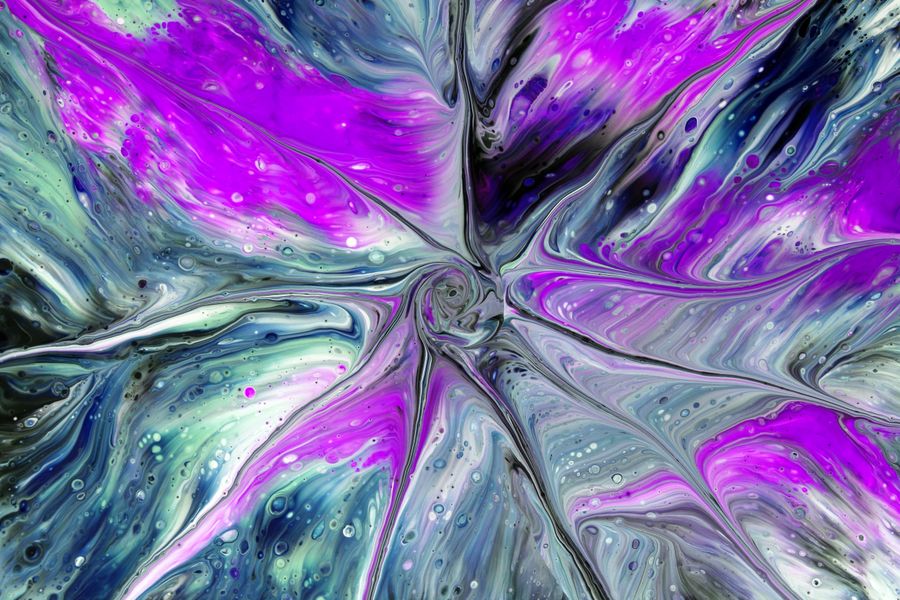 Vibrant and dynamic abstract painting with swirling patterns and bold colors.