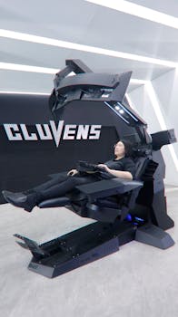 Gamer seated in a futuristic gaming chair by CLUVENS, indoors, showcasing advanced design.