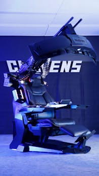 Advanced ergonomic gaming chair with monitors and controls, perfect for an immersive experience.