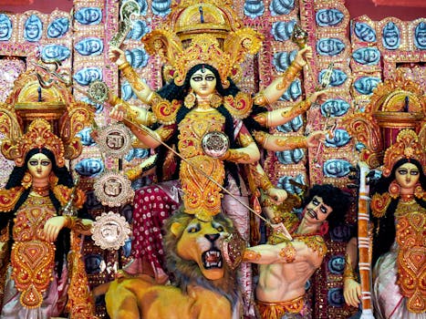 Colorful Durga Puja idol display capturing vibrant Bengali culture in Kolkata.