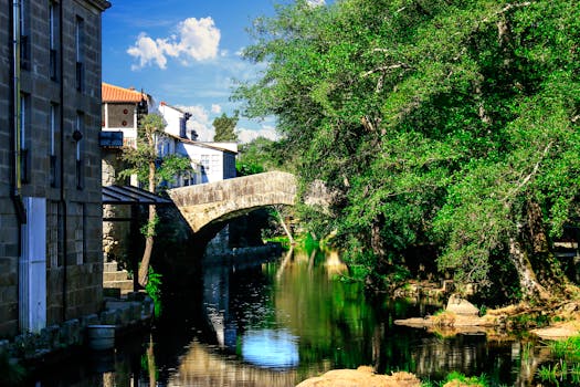 Beautiful stone bridge in Allariz, Spain, reflecting in a tranquil river surrounded by lush greenery and historic architecture.