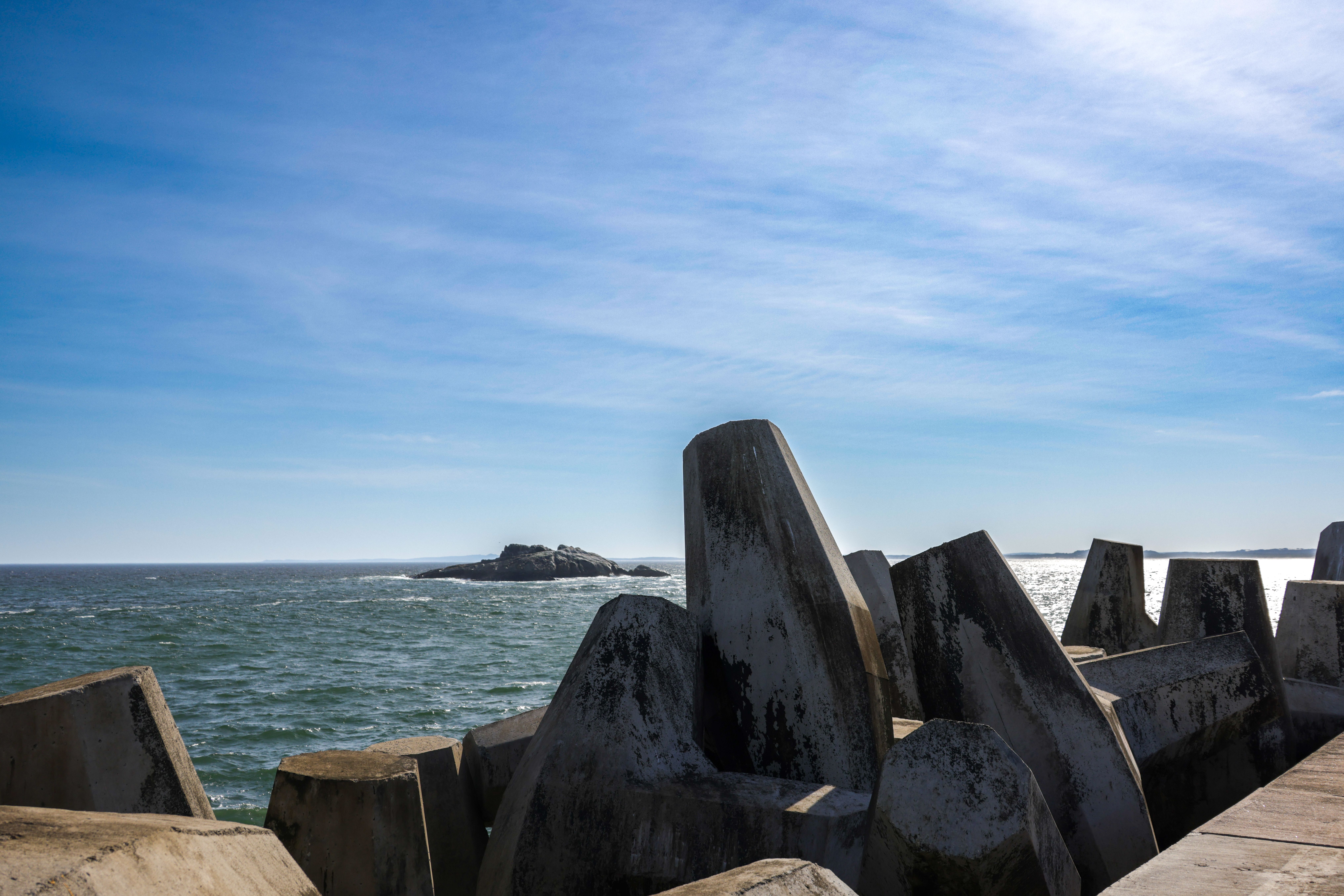 Concrete coastal breakwater structures at the shoreline