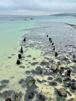 A serene coastal scene with clear turquoise water and boats in the distance.