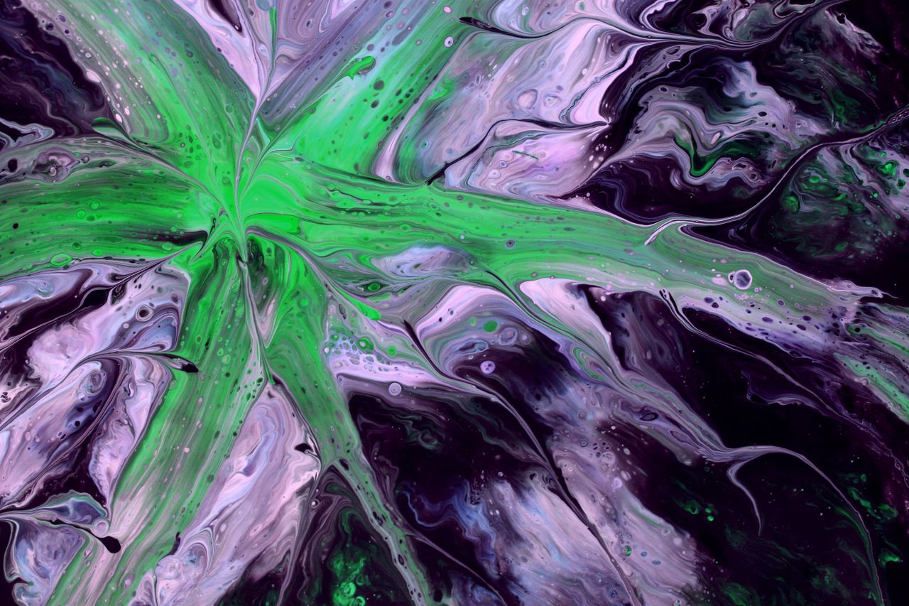 dynamic abstract fluid art with vibrant green and purple swirls creati