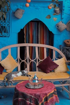 Colorful Moroccan patio scene featuring a relaxed cat on a bench.
