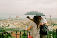 情侣从风景优美的角度，撑着伞捕捉佛罗伦萨的城市景观