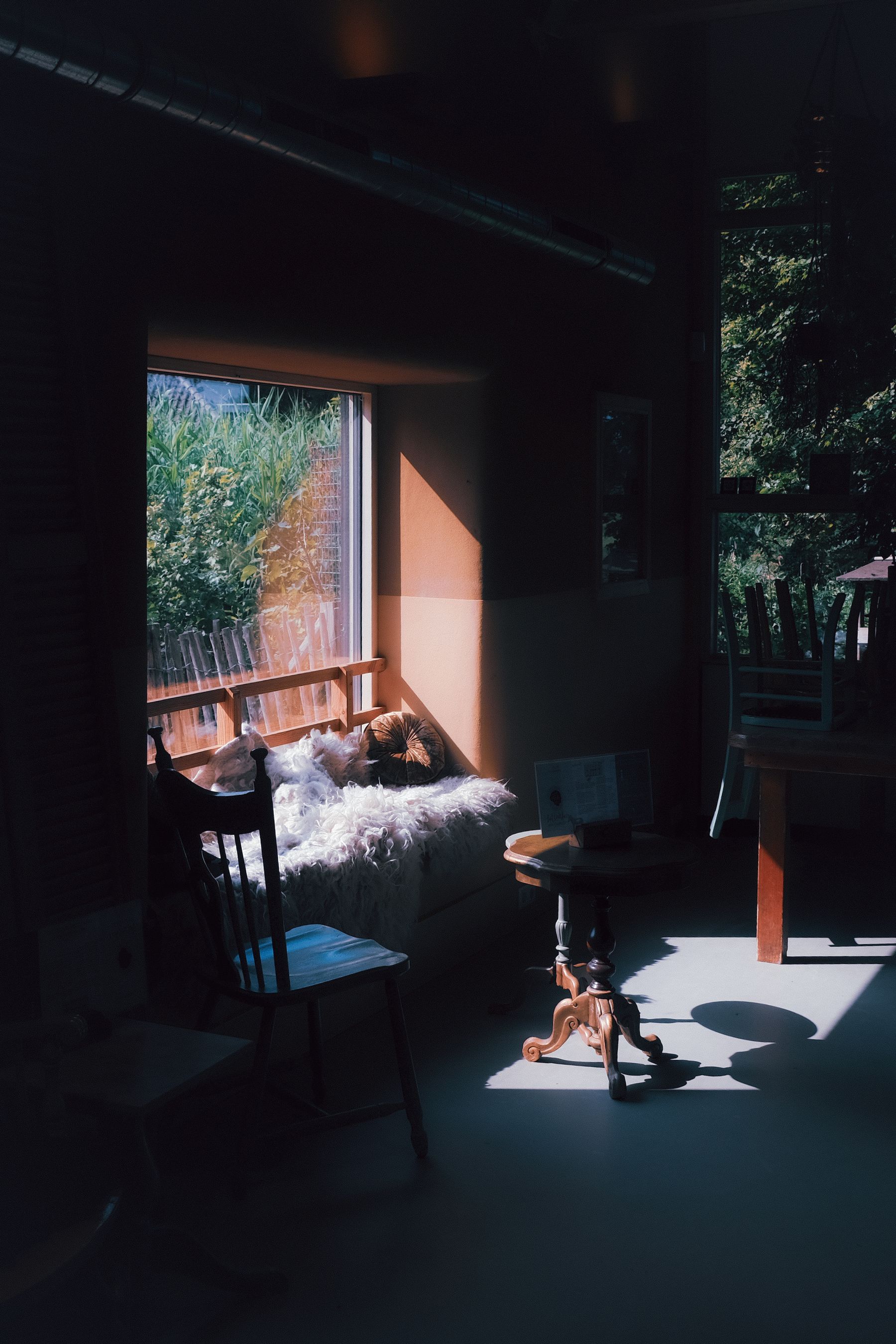 Dark interior corner with a spot of sunlight across a window-side seat