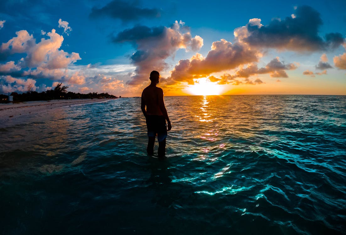 Základová fotografie zdarma na téma moře, muž, nádherný západ slunce