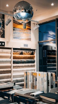 Modern showroom with diverse wallpaper designs and stylish lighting for elegant decor inspiration.