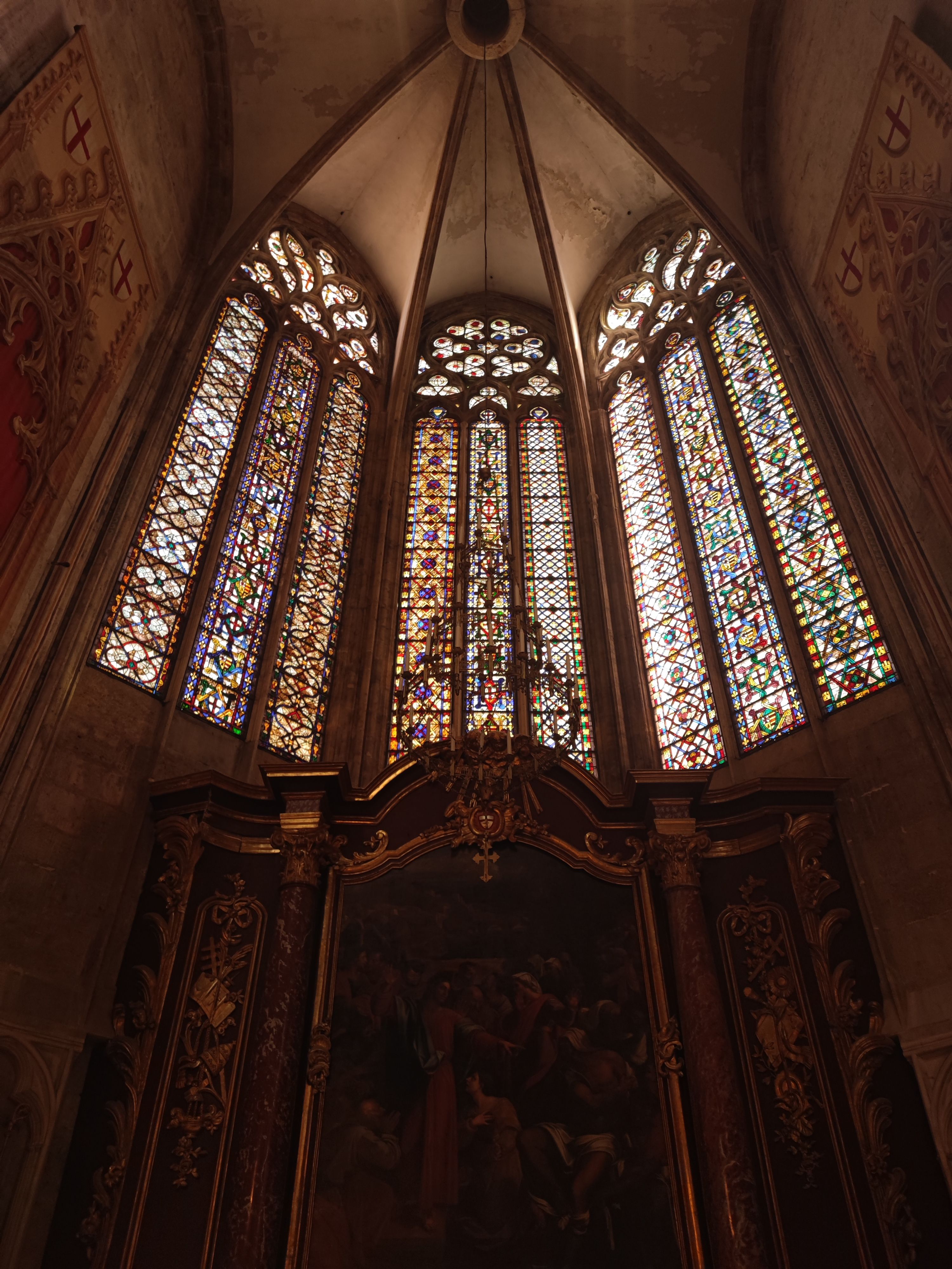 Beautiful stained glass windows inside Narbonne Cathedral, France.