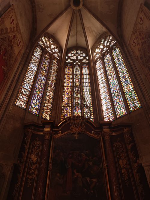 Free Beautiful stained glass windows inside Narbonne Cathedral, France. Stock Photo