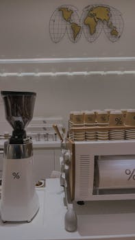 Sleek coffee shop interior featuring espresso machine and grinder with stylish decor.