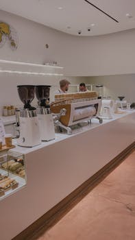 A sleek, minimalist coffee shop with baristas preparing drinks behind the counter.