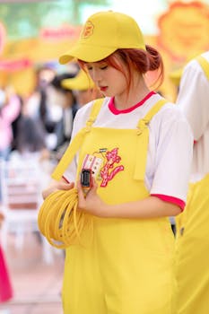 Young woman in a yellow uniform holding electrical cables, focused and attentive.