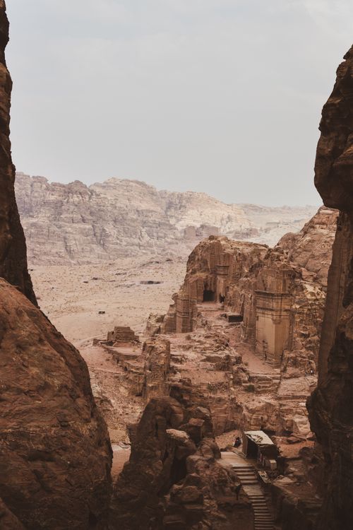 Free Scenic view of Petra's ancient rock formations in Wadi Musa, Jordan. Stock Photo