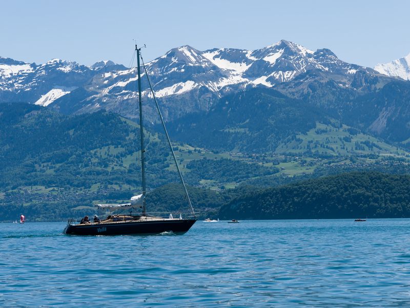Summer lake with green hills