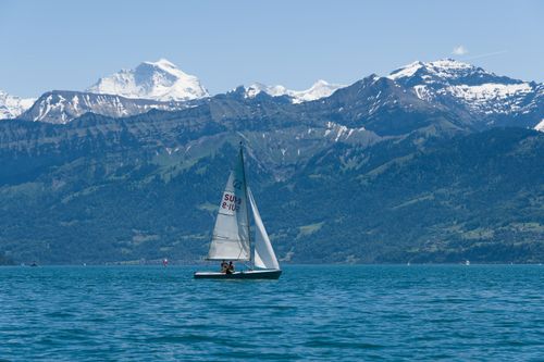 Free A serene sailboat on Lake Thun under the majestic Swiss Alps on a clear day. Stock Photo