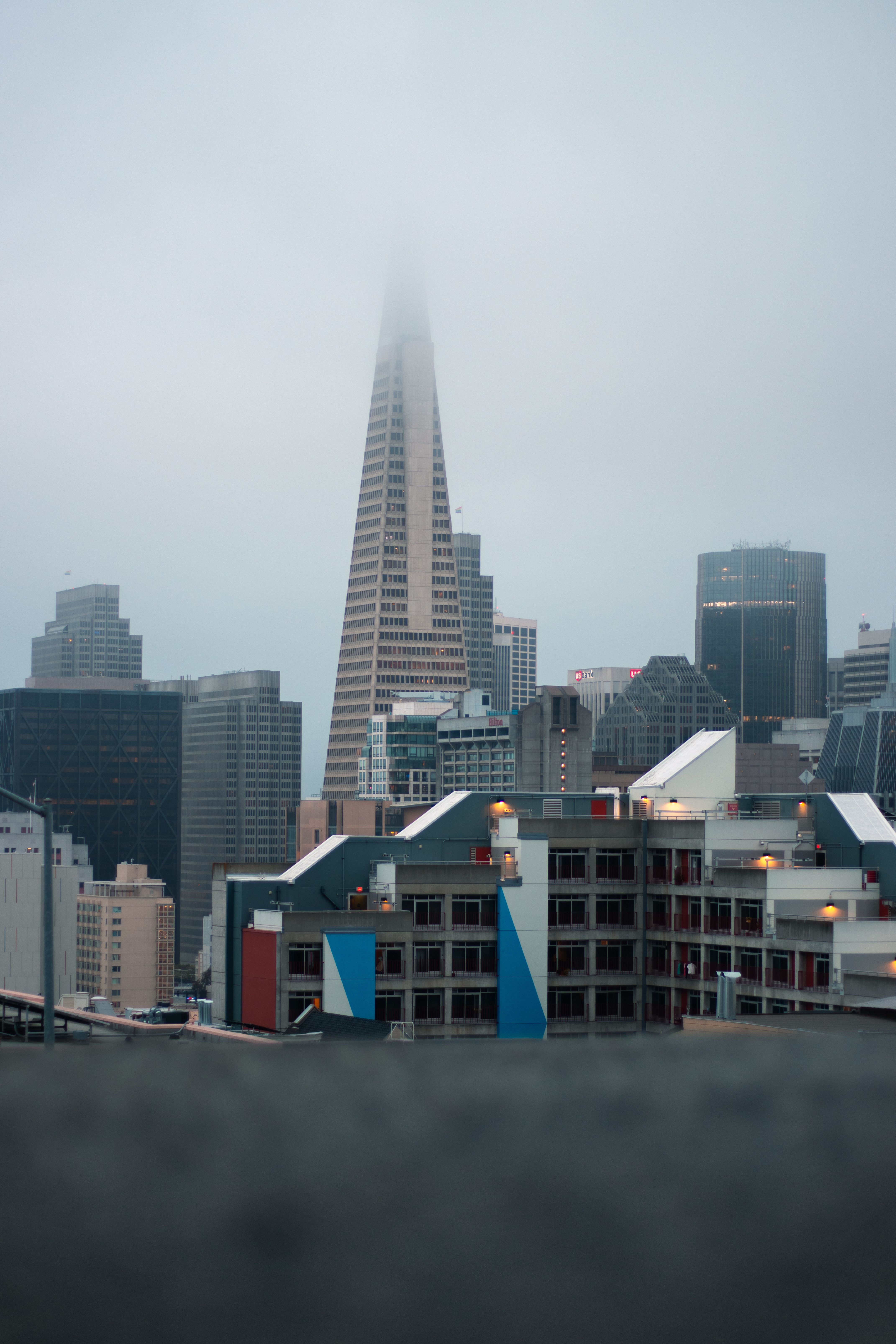 Foggy San Francisco skyline view featuring the iconic Transamerica Pyramid.