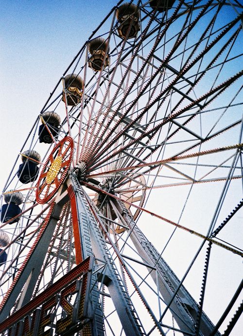 Free Enjoy a nostalgic view of a vintage Ferris wheel captured on analog film in İzmir, Türkiye. Stock Photo