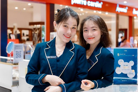 Two retail employees in uniforms providing customer service in a bright shopping mall.