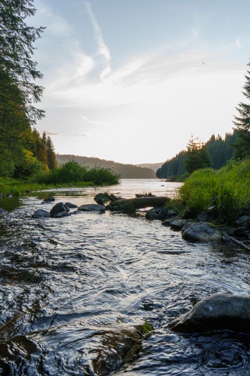 Free Tranquil river scene in Județul Vâlcea, Romania with lush greenery and stones at sunset. Stock Photo