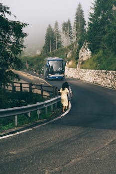 A blue bus on a misty mountain road with two travelers walking alongside.