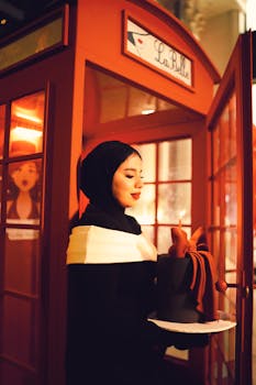 Woman in hijab holding a stylish cake in atmospheric red light by a phone booth.