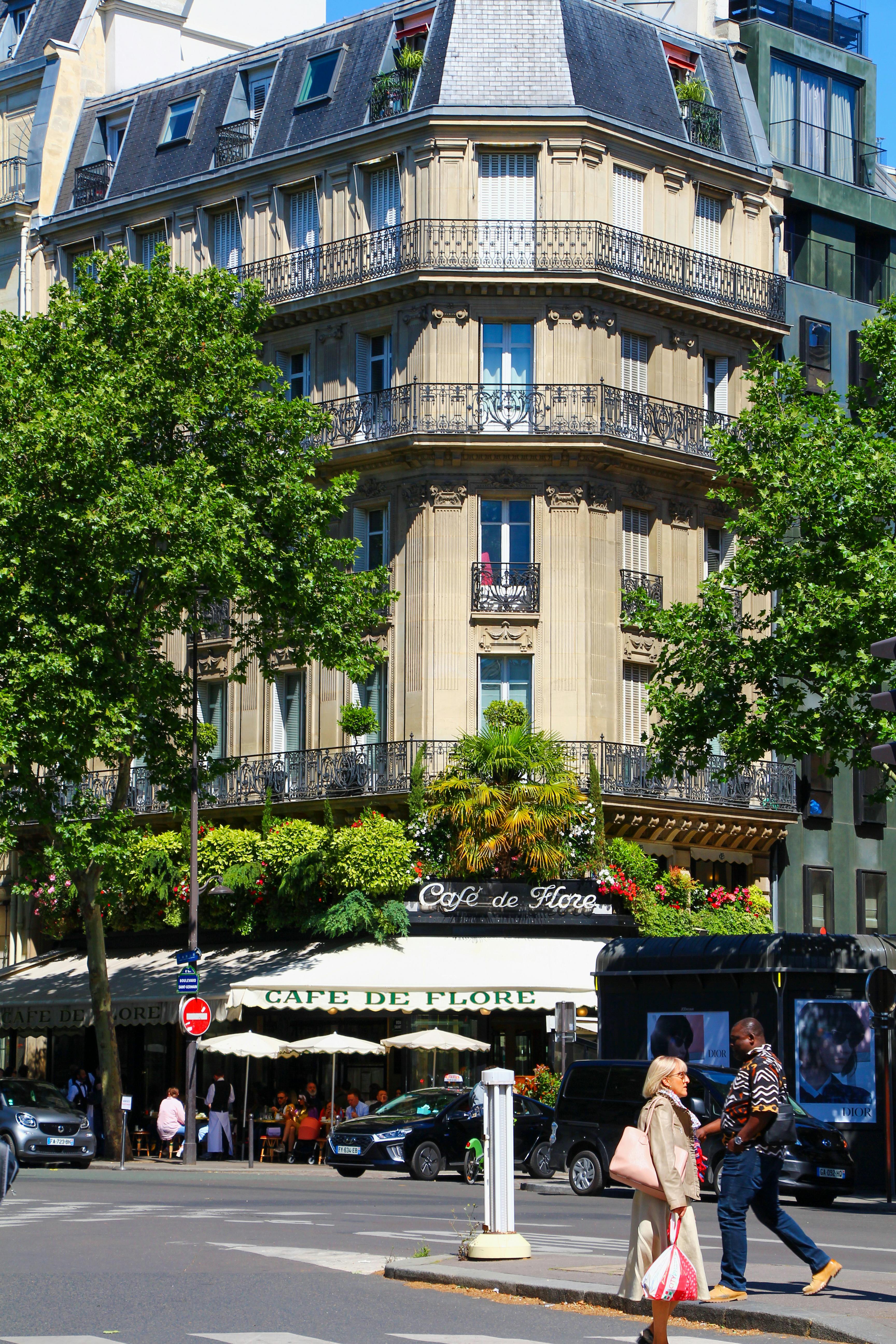 Café de Flore in Paris, capturing a classic Parisian vibe with pedestrians and outdoor seating.