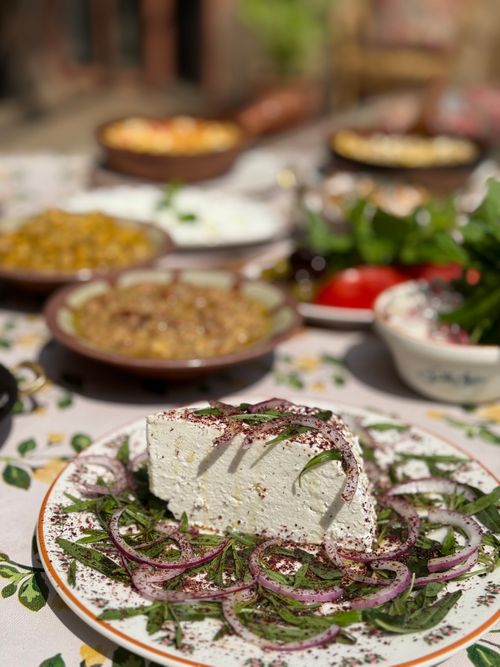Free Close-up of fresh cheese garnished with herbs and onions in an outdoor setting. Ideal for food photography. Stock Photo