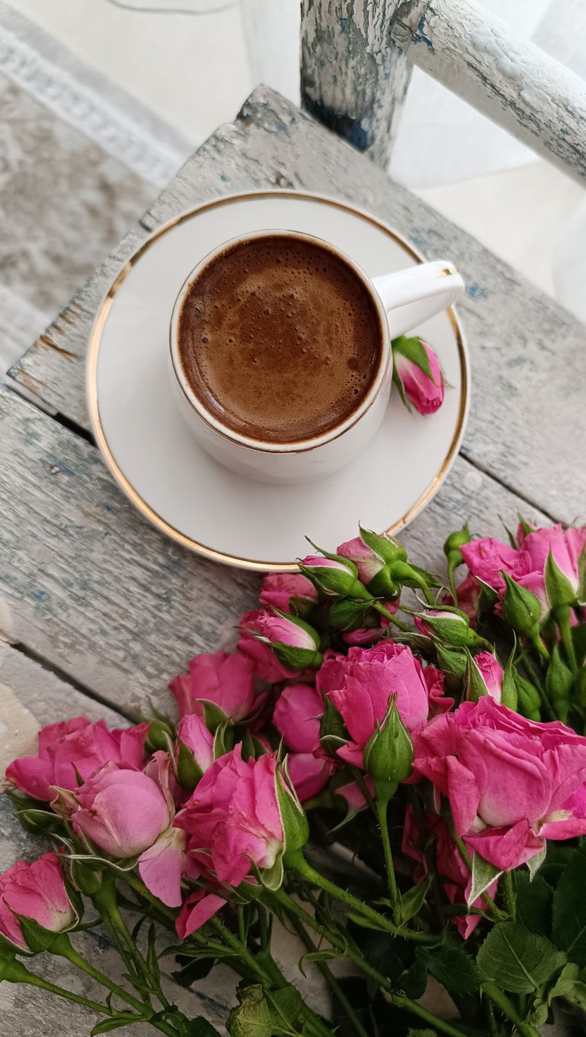 Coffee With Roses Cup of Coffee with Pink Roses on Rustic Table · Free Stock Photo