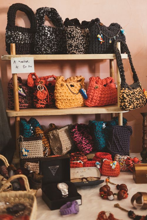 Free Vibrant crochet bags showcased on shelves in Rabat, Morocco local store. Stock Photo