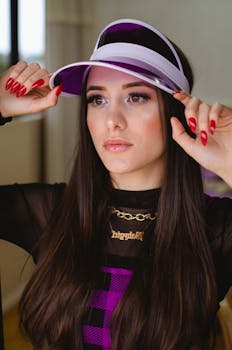 一位时尚年轻女子的肖像，她留着深色长发，涂着红指甲，戴着一顶时尚帽子