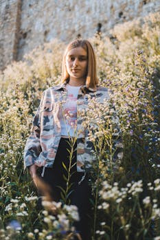 一名女子穿着迷彩夹克，站在阳光明媚的野花田里