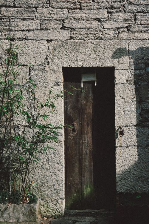 Free Ancient stone wall with a wooden door, partially illuminated by sunlight, surrounded by greenery. Stock Photo