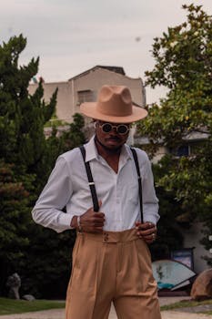 Stylish man in 1950s outfit with suspenders and hat, outdoors.