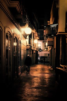 A lone figure walks down a beautifully lit street in Elche at night, offering a moody urban atmosphere.