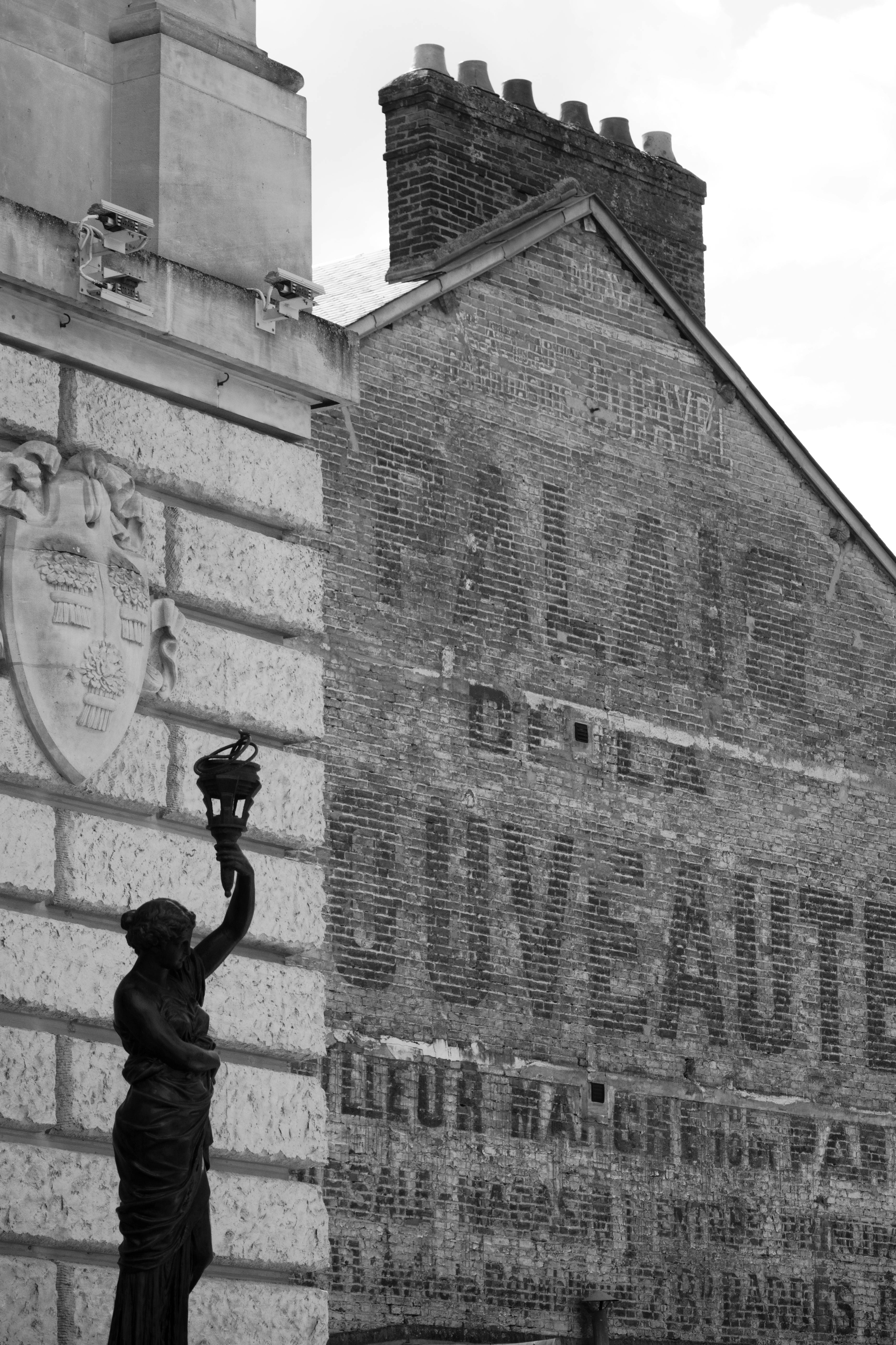 Black and white photo of vintage architecture in Vernon, France.