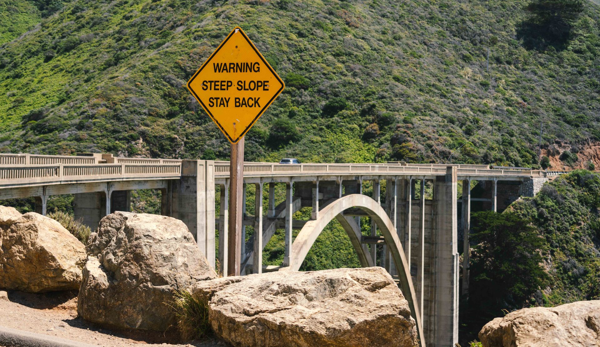Warning sign near Bixby Creek Bridge on California's scenic Highway 1 coast.