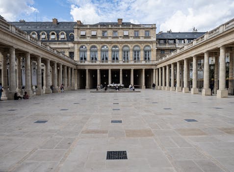 Elegante vista del cortile del Palais Royal a Parigi, con colonne iconiche e cielo limpido.