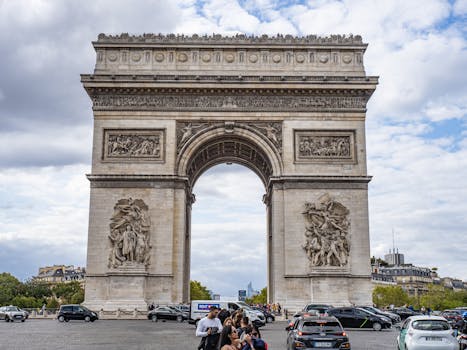 View of the iconic Arc de Triomphe in Paris with a lively street scene and clear sky.
