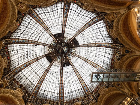 Stunning view of a stained glass dome in Galeries Lafayette, Paris.