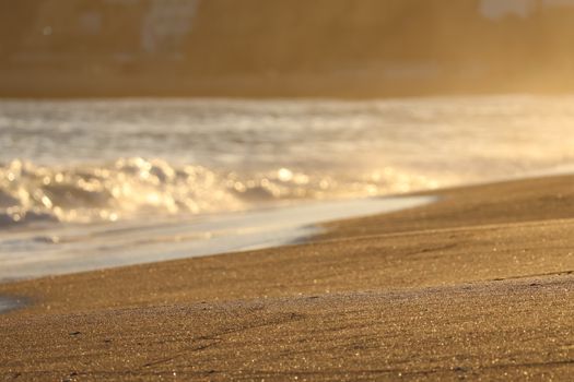 A serene beach scene with gentle waves and golden sunlight reflecting on the sand.
