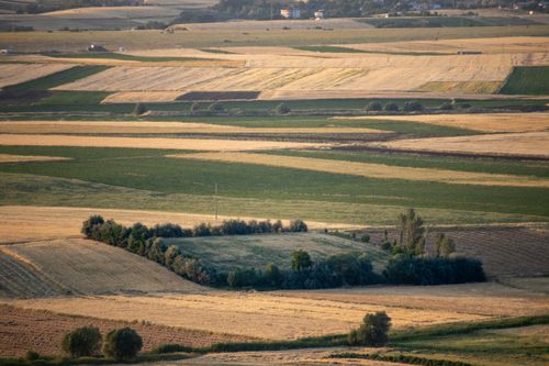 Free Aerial view of expansive farmlands in Kovancılar, Elazığ, Türkiye, showcasing diverse crop patterns. Stock Photo