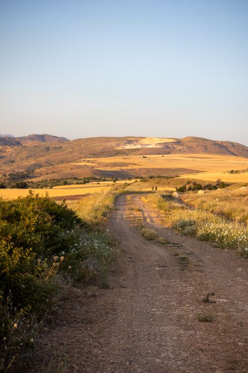 Free A picturesque rural dirt road surrounded by fields in Palu, Elazığ, Türkiye, under a clear sky. Stock Photo